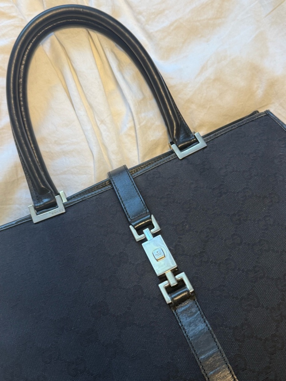 Gucci Black GG Canvas Tote with Leather Strap and Silver-Tone Hardware - Picture 2 of 9